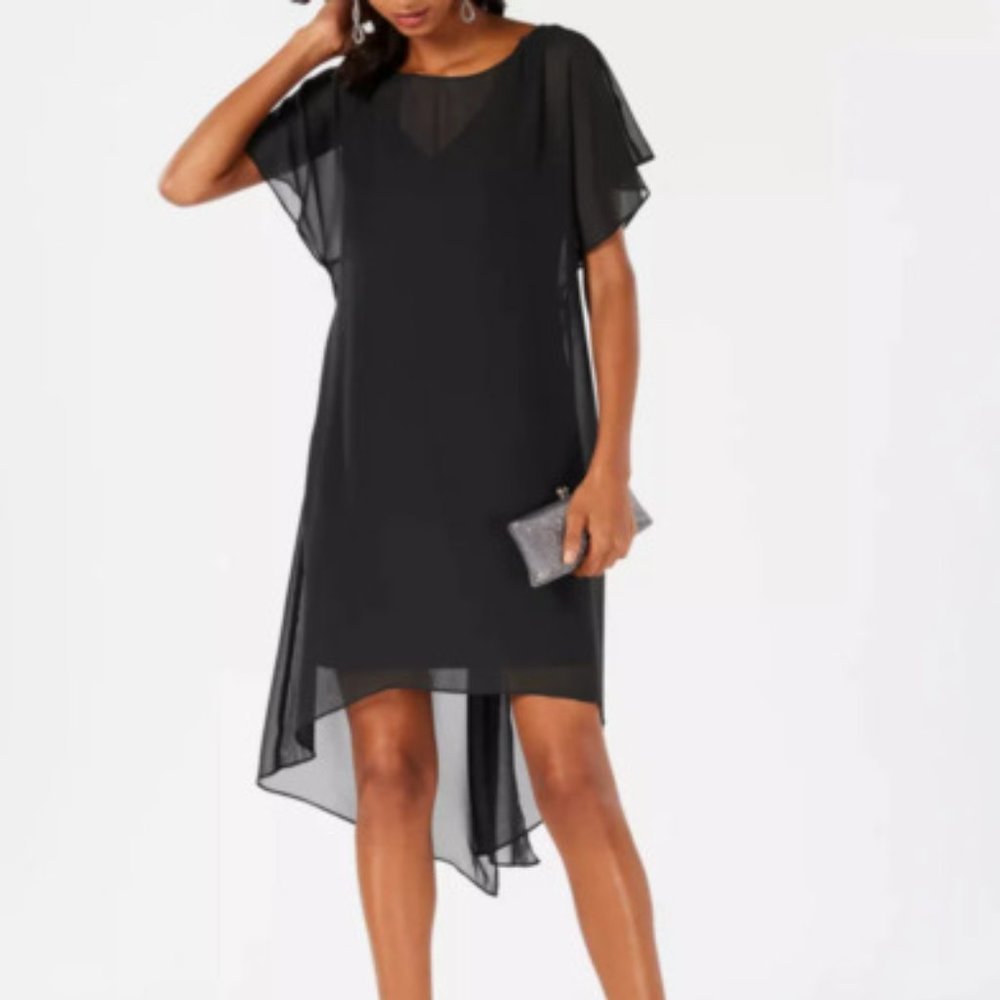 Adrianna Papell Chiffon Overlay Sheer A Line Women M Black Pullover Short Sleeve